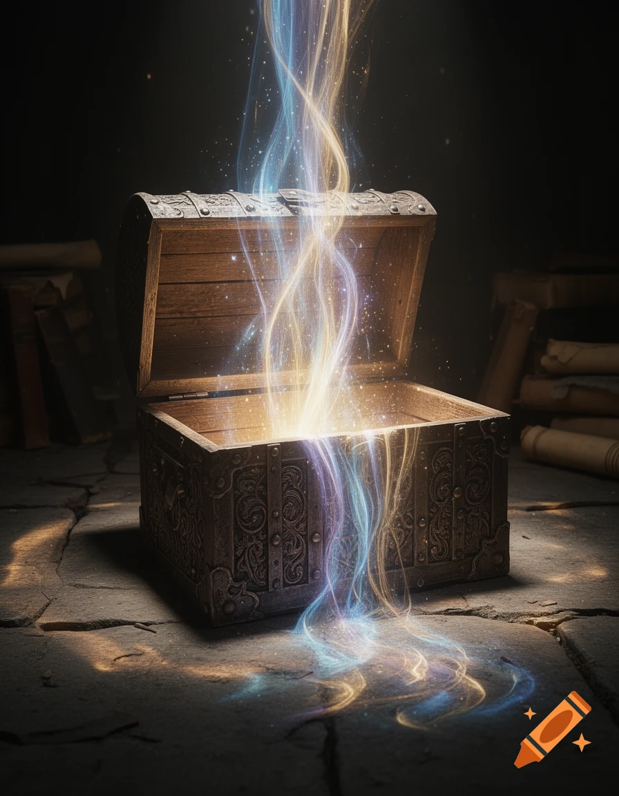 An open wooden treasure chest on a stone floor with glowing blue and gold magical light swirling out of it.