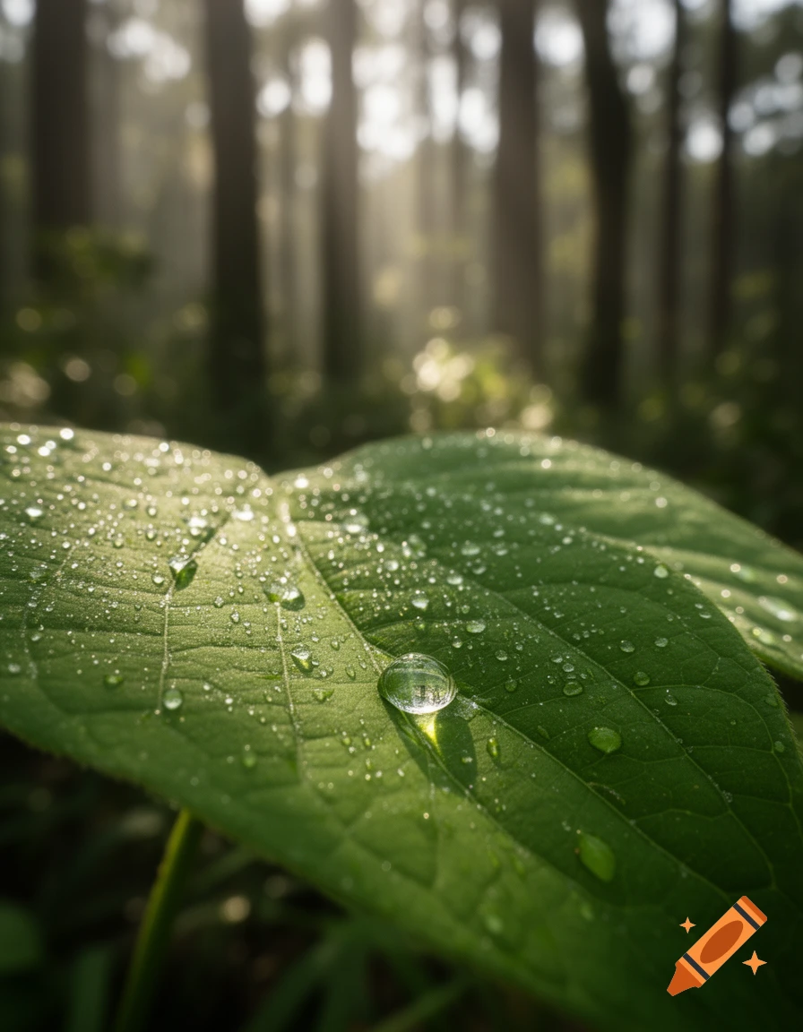 Close-up of a green leaf covered in dew drops, with a sunlit, blurred forest in the background, photorealistic.