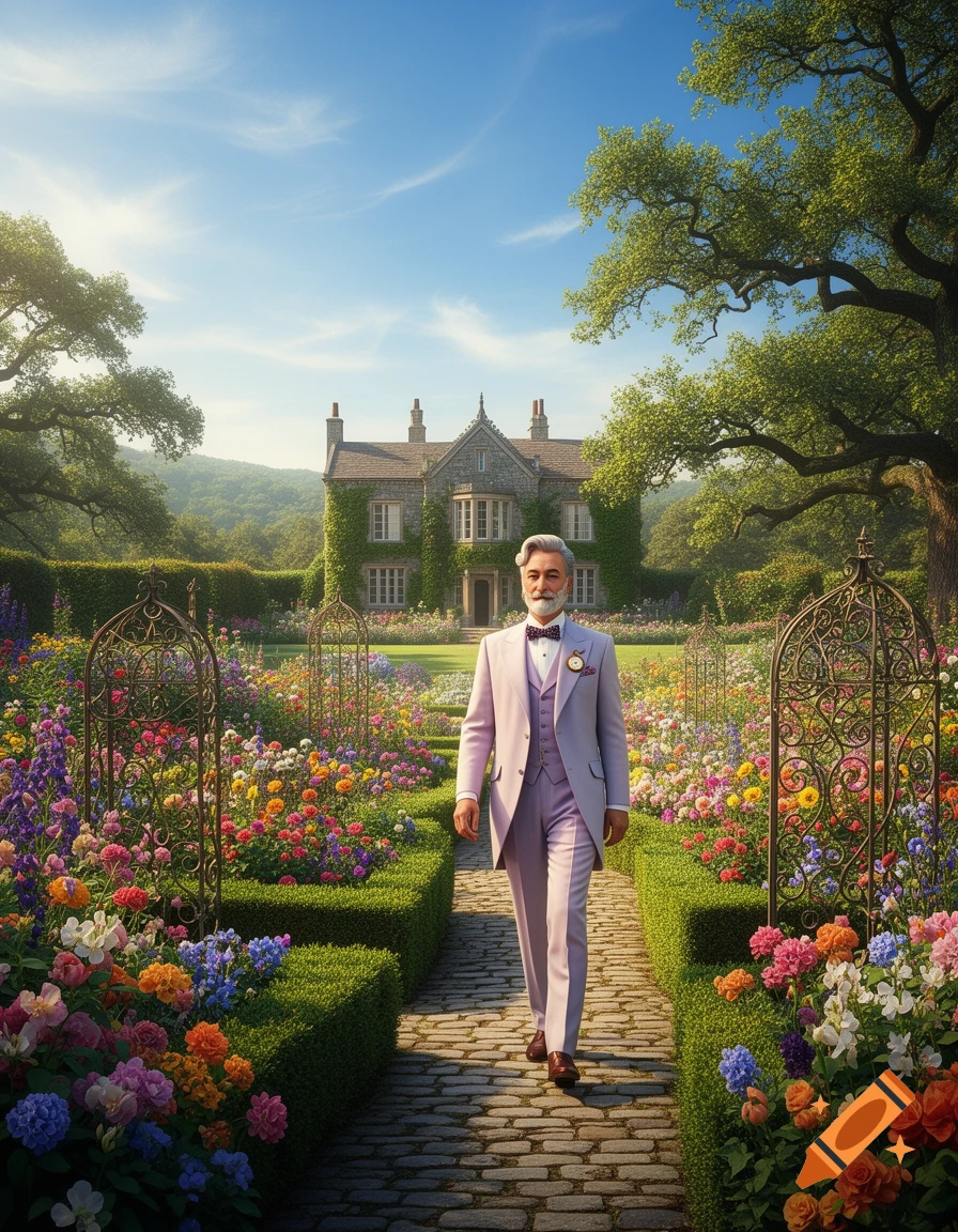 A man in a lavender three-piece suit and bow tie walks on a cobbled path through a vibrant formal garden with a large stone mansion.