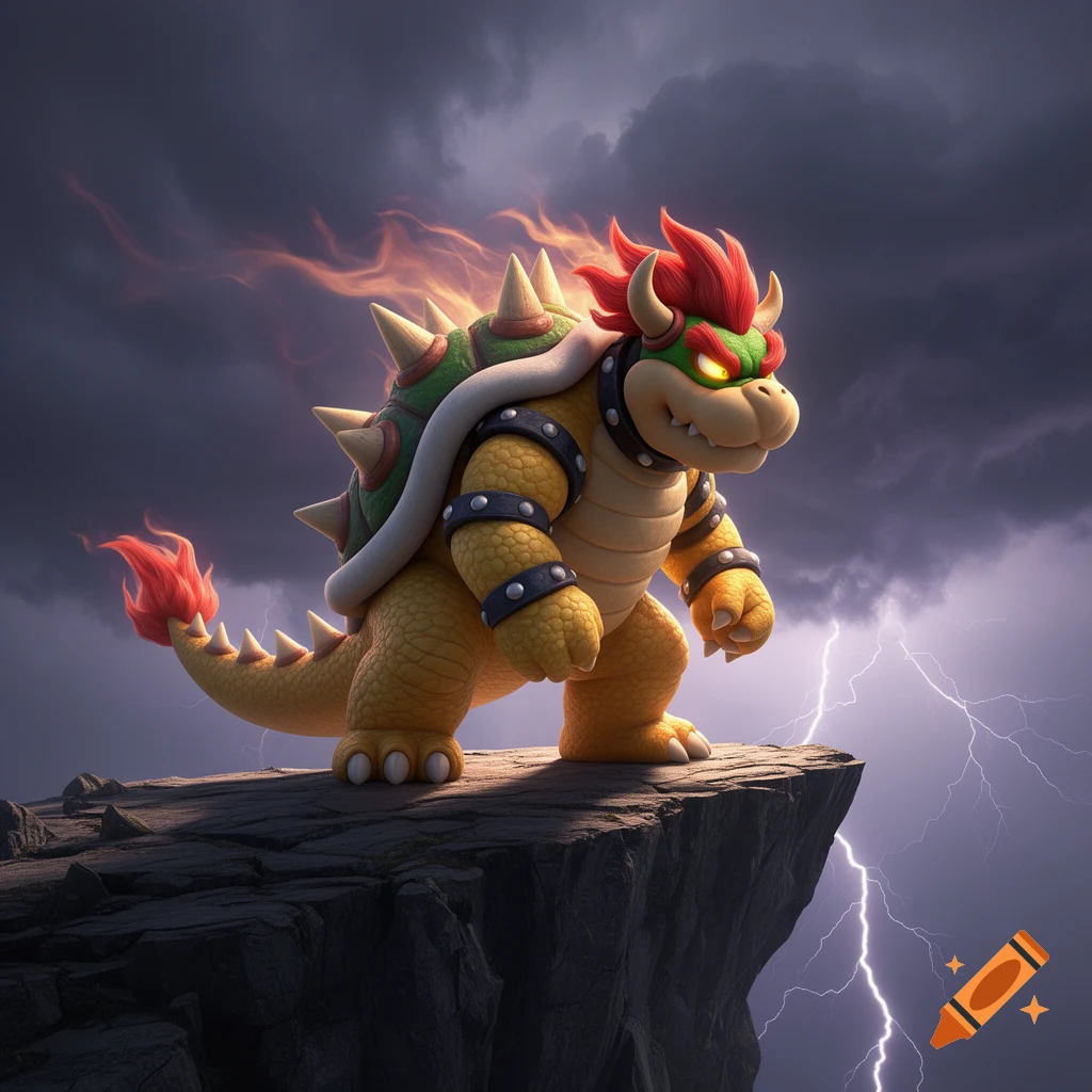 Bowser stands on a rocky cliff as lightning strikes in a stormy background, with fire emanating from his back and tail.