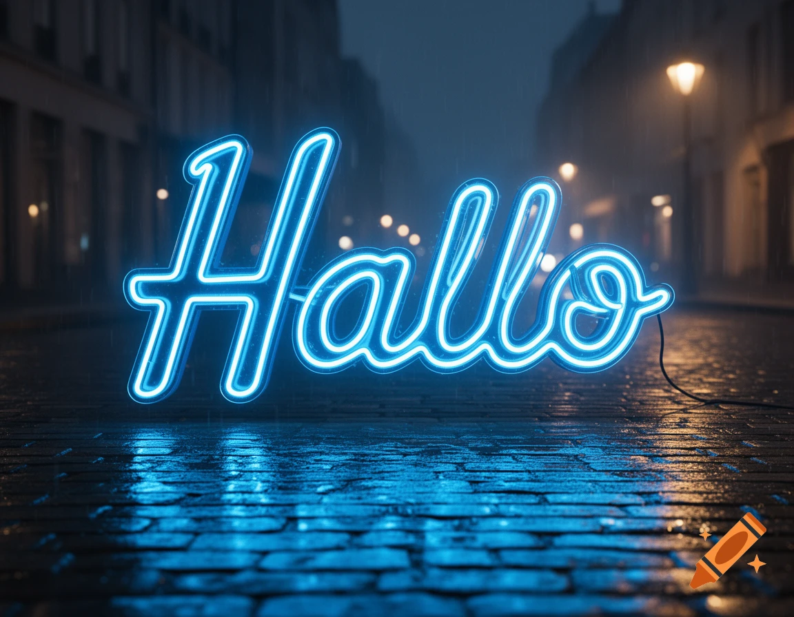 A bright blue neon sign spelling 'Hallo' glows on a wet cobblestone street at night, reflecting on the puddles.