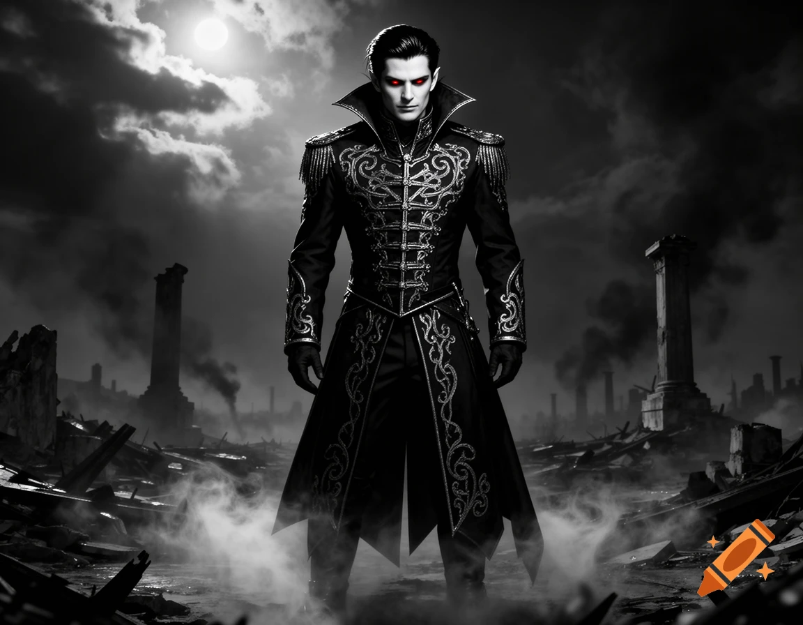 A black and white image of a pale vampire with glowing red eyes in an ornate black coat, standing amidst ruins under a full moon.