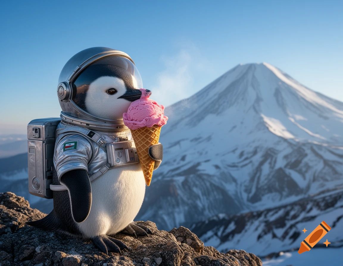 A photorealistic penguin in an astronaut suit eats a pink ice cream cone, perched on a rocky mountain with a snowy peak in the background.