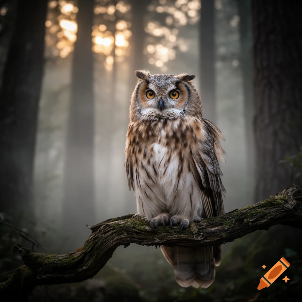 A photorealistic owl with bright orange eyes perches on a mossy branch in a foggy forest with sunlight filtering through trees.