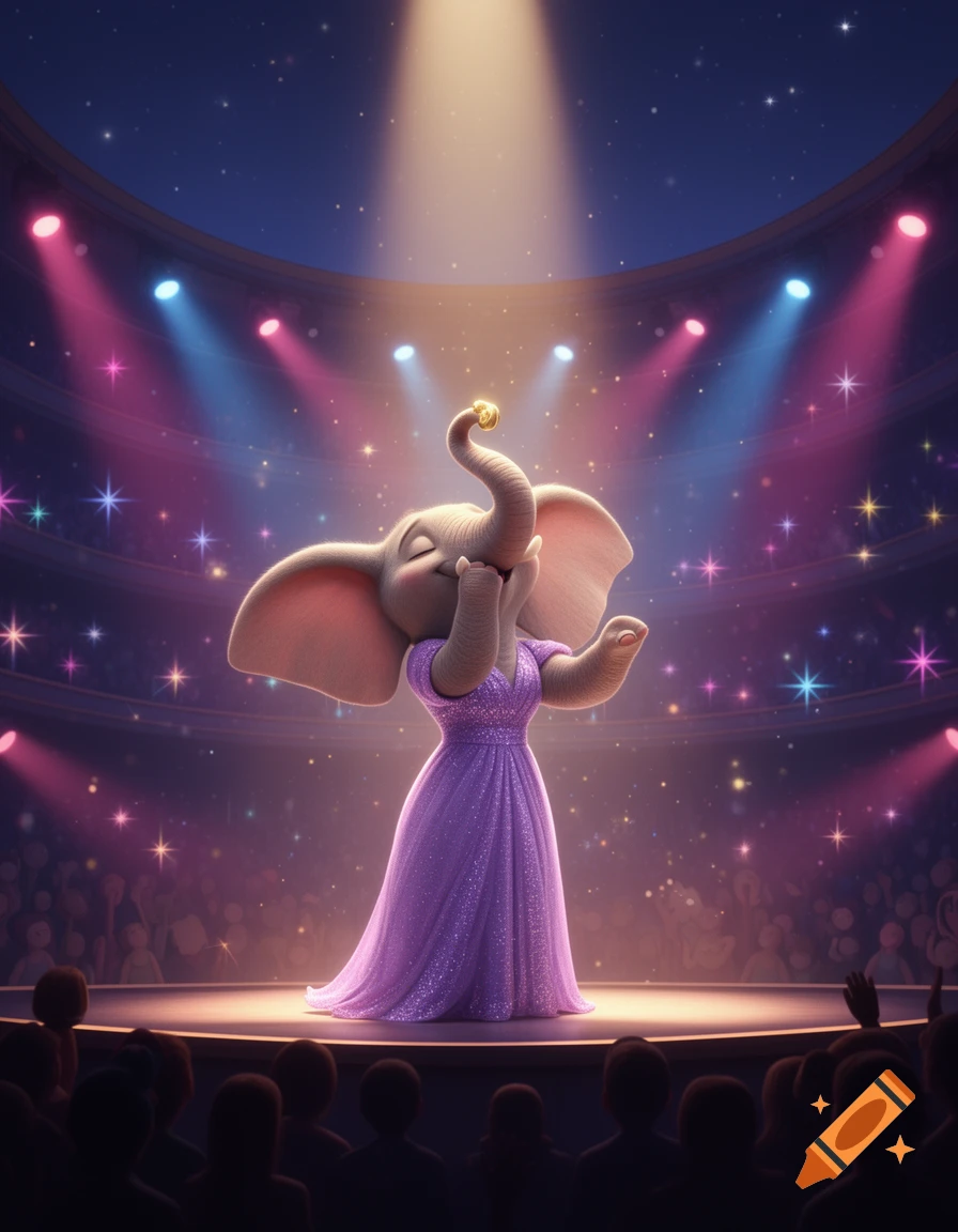 A cartoon elephant in a sparkling purple dress sings on a stage under colorful spotlights to an audience.