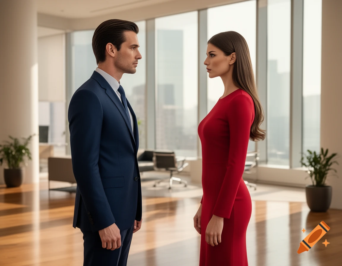 A man in a blue suit and a woman in a red dress stand facing each other in a modern office with large windows. Photorealistic.
