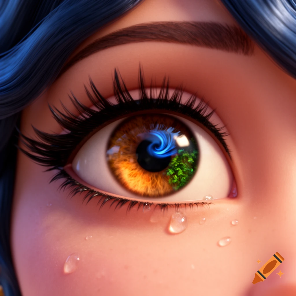 Extremely macro close-up of a CGI animated hazel eye with long lashes, reflecting a blue swirl and green foliage, with tears on the cheek.
