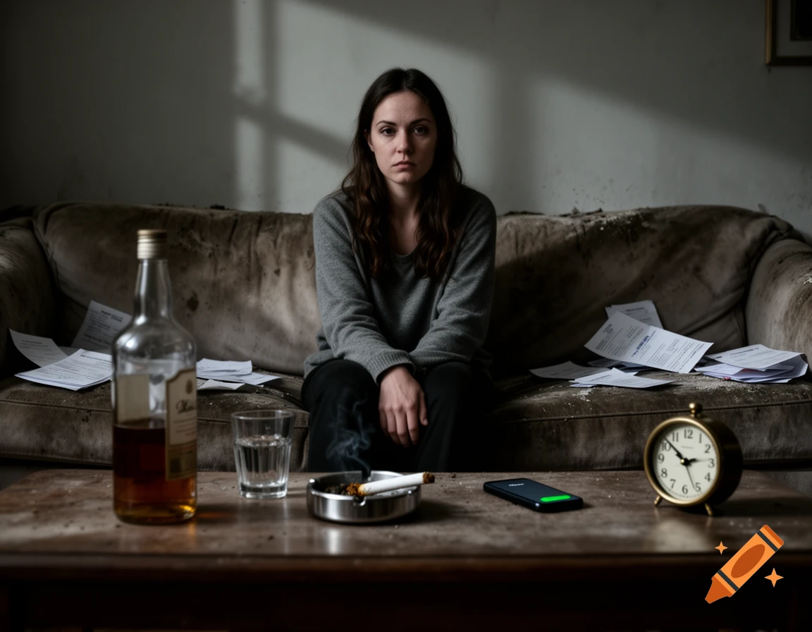 A somber woman sits on a dirty couch in a dim room. On a table in the foreground are a bottle of alcohol, a glass, an ashtray with a smoking cigarette, a phone, and an alarm clock.
