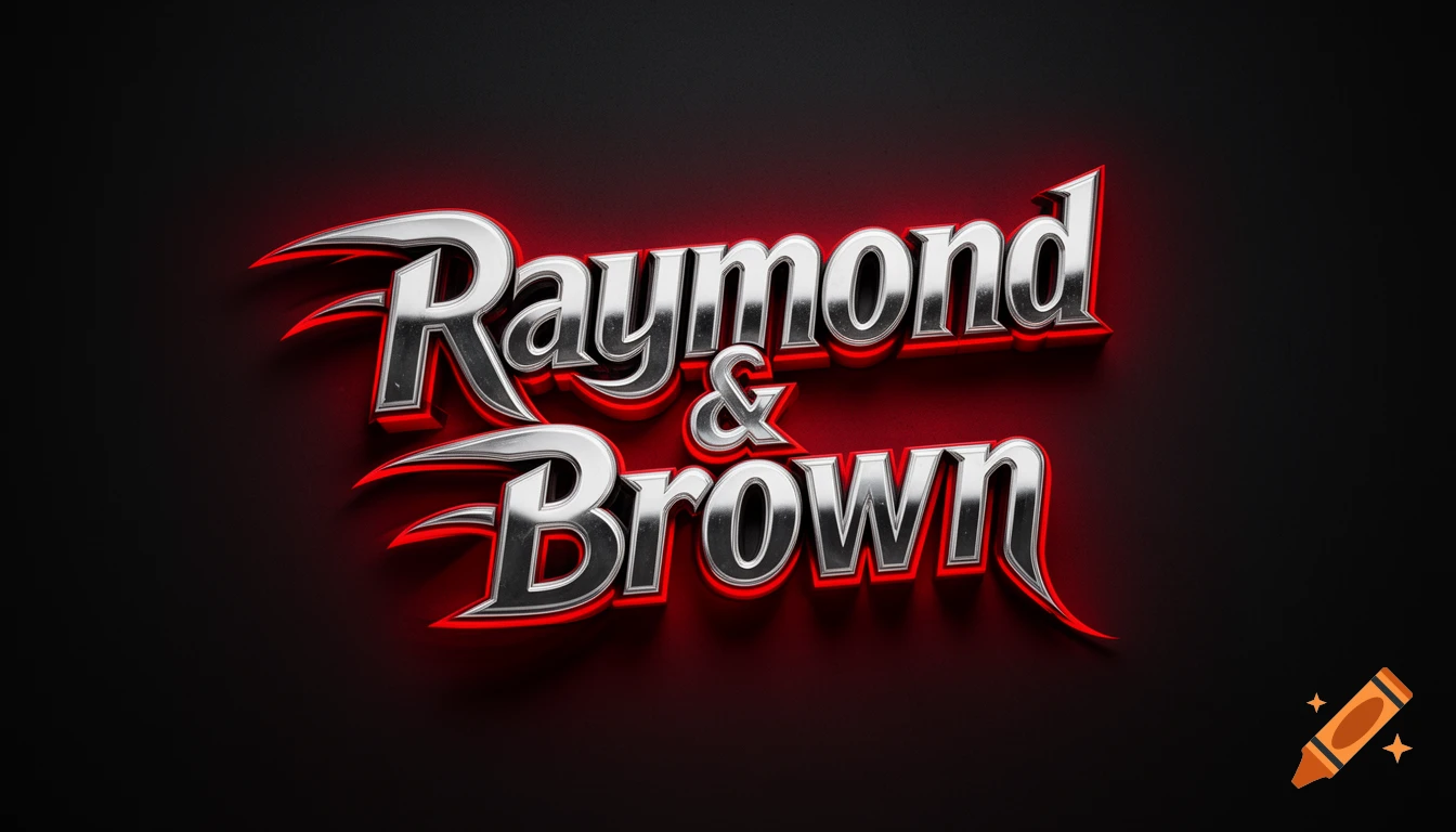 Stylized chrome text "Raymond & Brown" with red glow and drop shadow, set against a dark background.