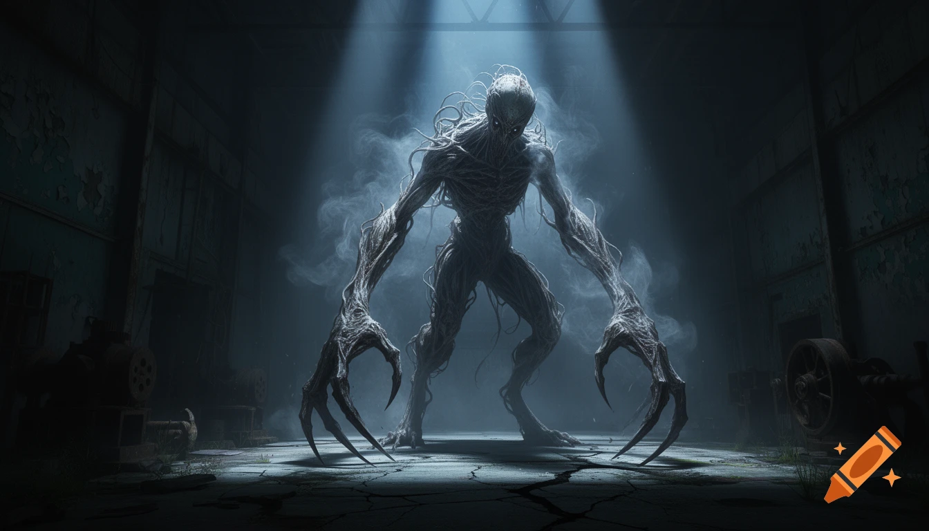 A terrifying, tall, shadowy monster with glowing eyes and twisted, clawed limbs stands in an abandoned industrial building under dramatic spotlights.