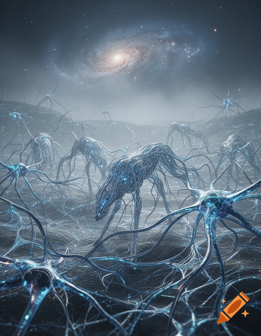 Neuron-like creatures with glowing blue nodes wander an otherworldly landscape under a spiral galaxy.