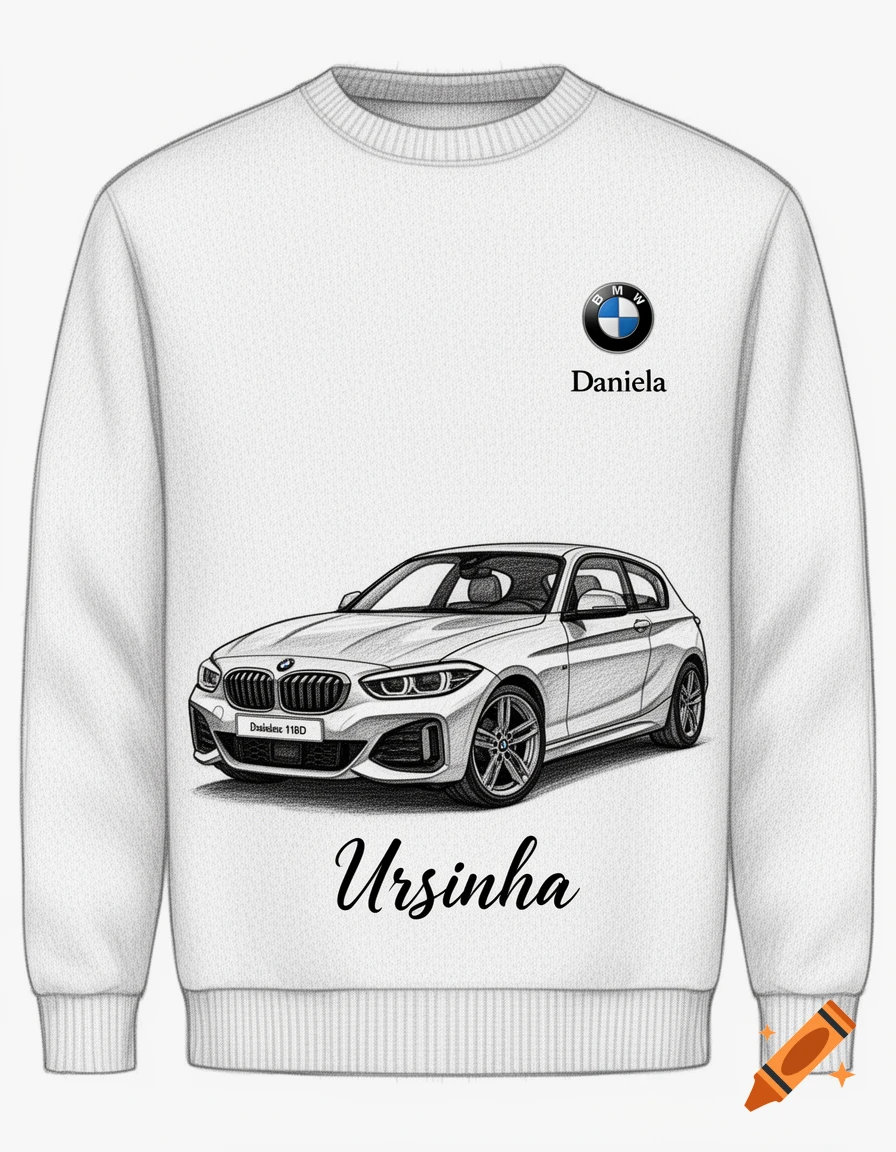 White sweatshirt with a detailed line drawing of a silver BMW 1 Series car, a small BMW logo with 'Daniela' beneath it on the left chest, and 'Ursinha' written in script below the car.