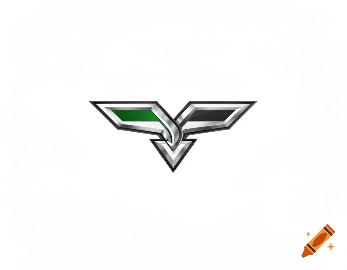 A stylized metallic logo resembling a V or winged shape, with green and black accents on a white background.