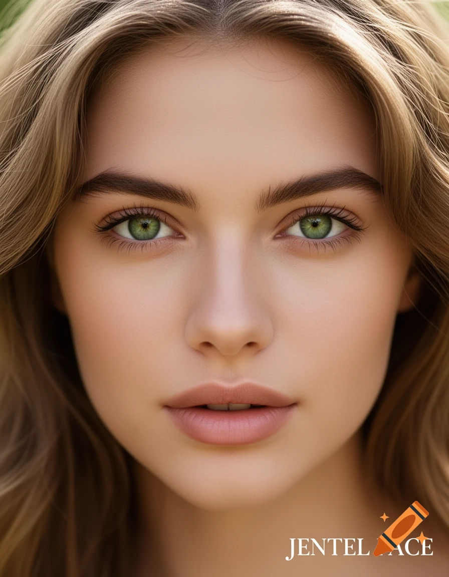 A hyper-realistic close-up portrait of a young woman with light brown hair, striking green eyes, and natural daylight.