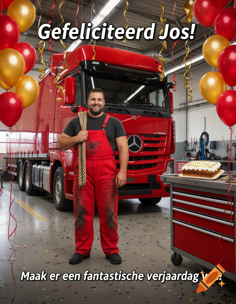Photorealistic image of a smiling truck mechanic in red overalls holding a rope, standing by a red semi-truck in a festive workshop with balloons and a cake, with Dutch birthday text.