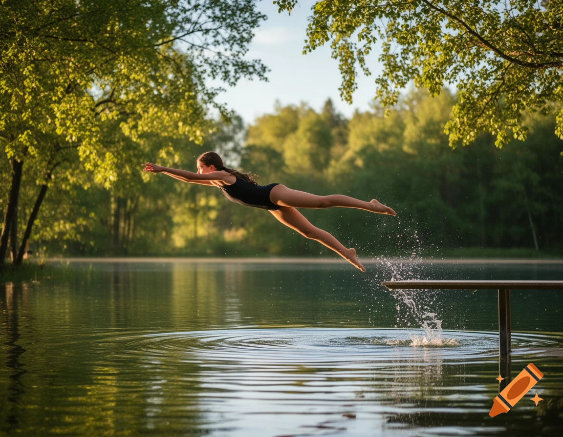 Photorealistic image of a girl in a black swimsuit diving into a calm lake from a diving board, surrounded by green trees.