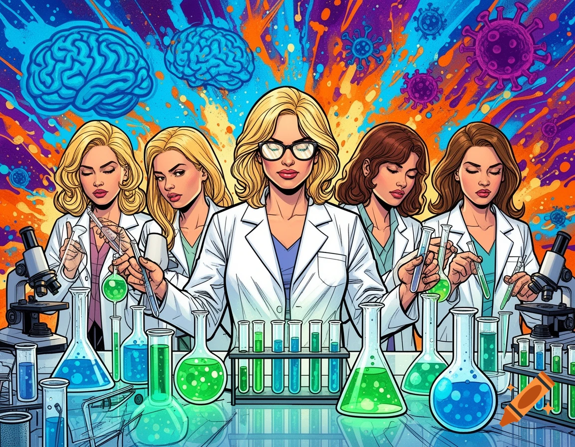 Vibrant comic art of female scientists in a lab with colorful chemicals. Abstract brains, viruses, and splatters fill the background.
