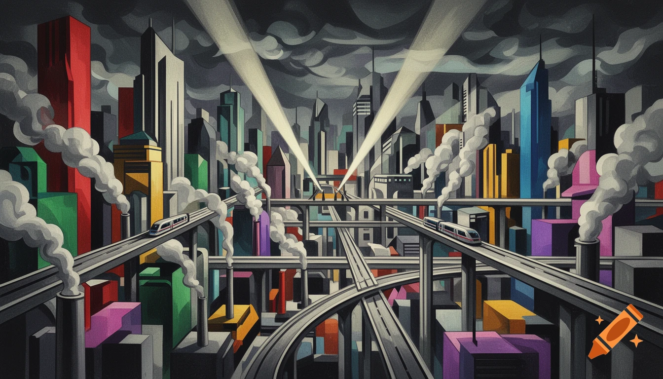 Cubist illustration of a futuristic city with tall, colorful buildings, elevated trains, and smoke from chimneys under dramatic spotlights.
