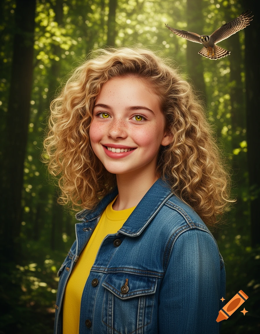 A smiling girl with curly blonde hair and green eyes in a yellow shirt and denim jacket in a sunny forest with a flying hawk.
