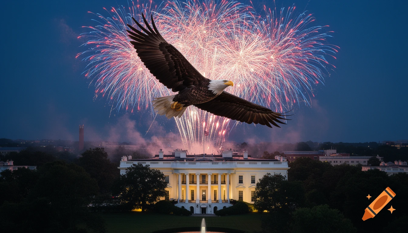 A majestic bald eagle flies over the illuminated White House with colorful fireworks exploding in the night sky.