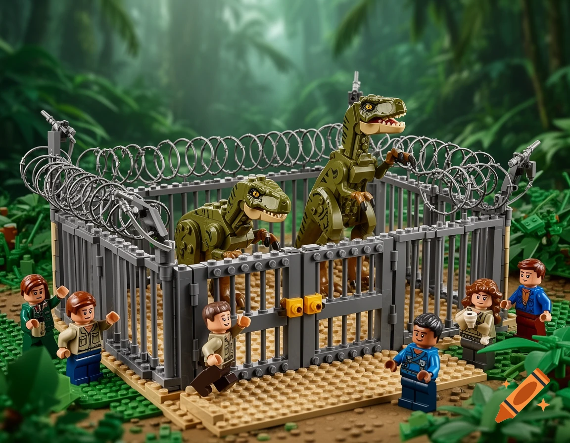 Lego Jurassic Park set featuring two raptors in a fenced enclosure with several minifigures surrounding it, set in a lush jungle environment.