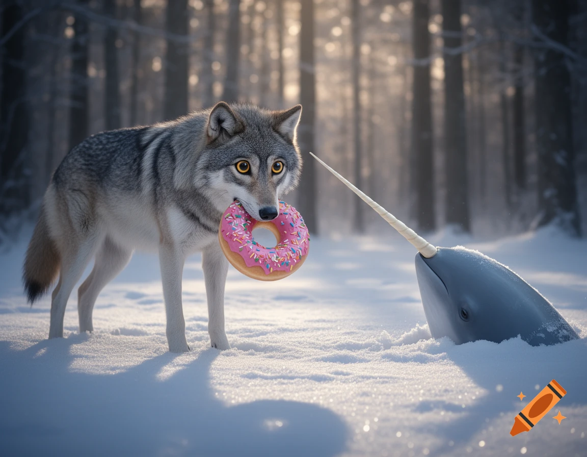 Photorealistic wolf with large eyes holding a pink donut in its mouth, looking at a narwhal emerging from the snow in a sunlit winter forest.