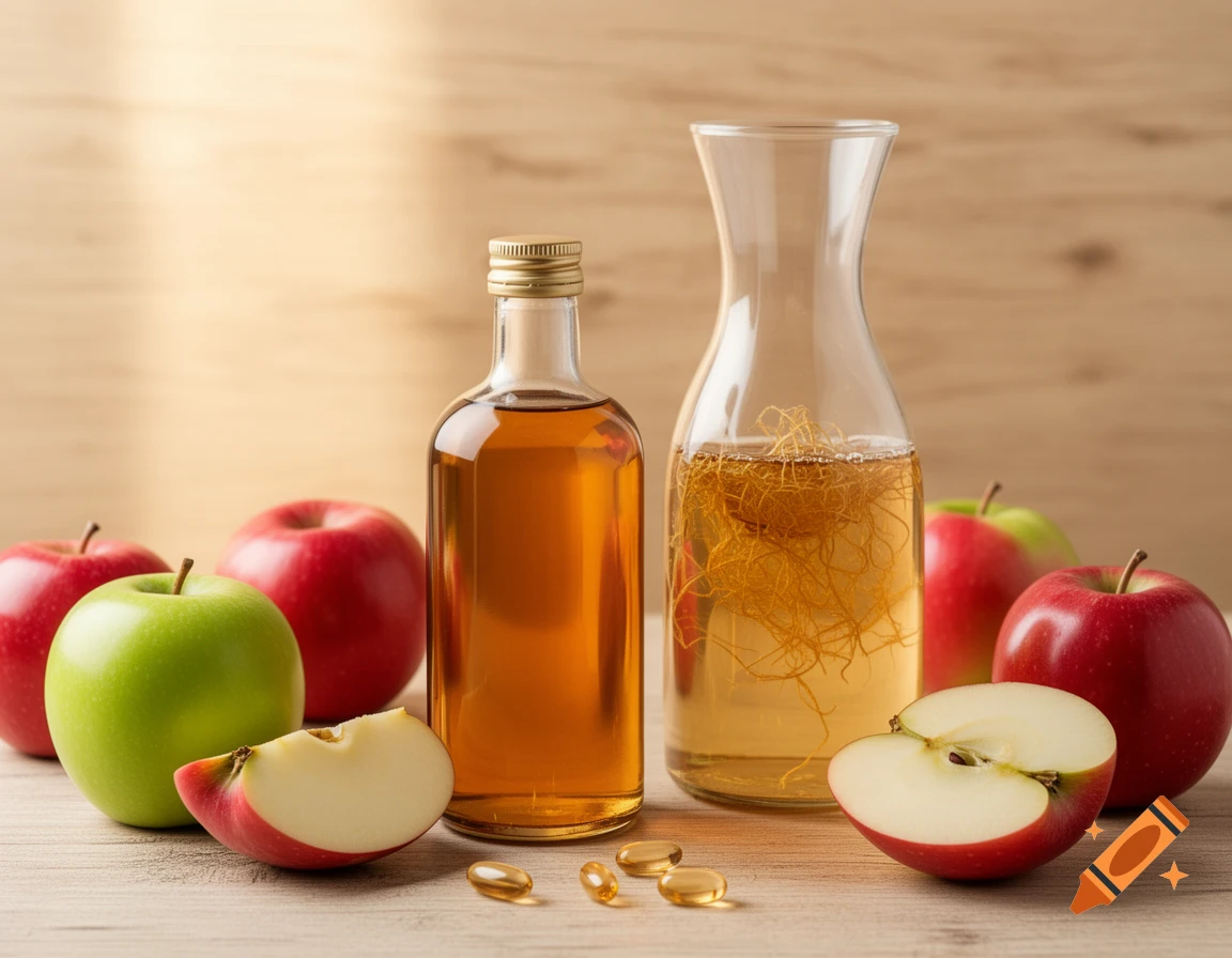 Realistic food photography of red and green apples, apple cider vinegar in bottles, and capsules on a rustic wooden surface.