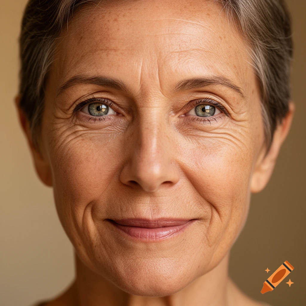 A close-up, photorealistic portrait of an older woman with short gray hair and a slight smile.