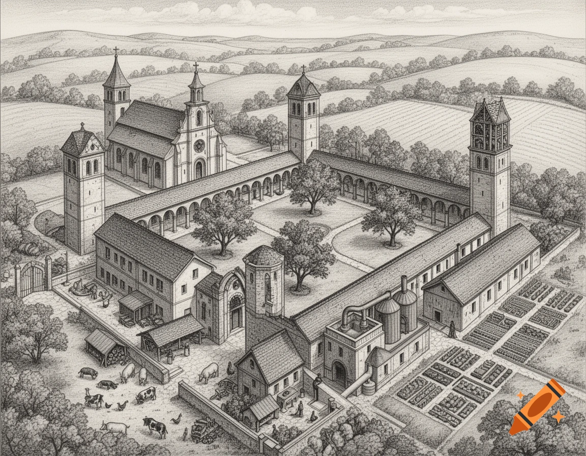 Detailed black and white drawing of a sprawling monastic complex with a chapel, cloisters, farm, and gardens, viewed from an aerial perspective.
