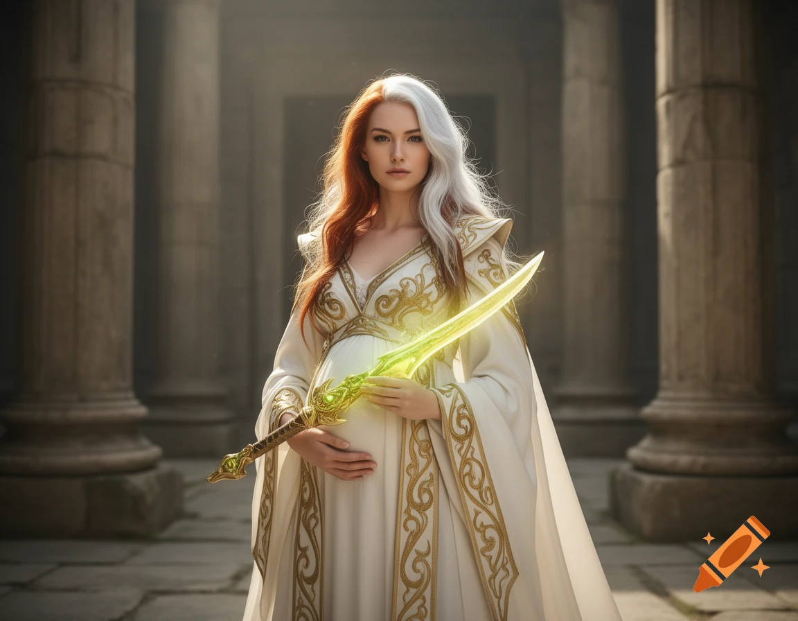A visibly pregnant woman with auburn and white hair in white and gold robes stands in ancient ruins, holding a glowing golden-green sword.