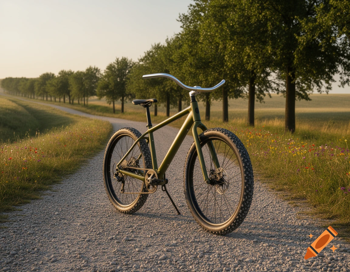 A green gravel bike with a curved handlebar stands on a gravel path lined with trees in the early morning light.