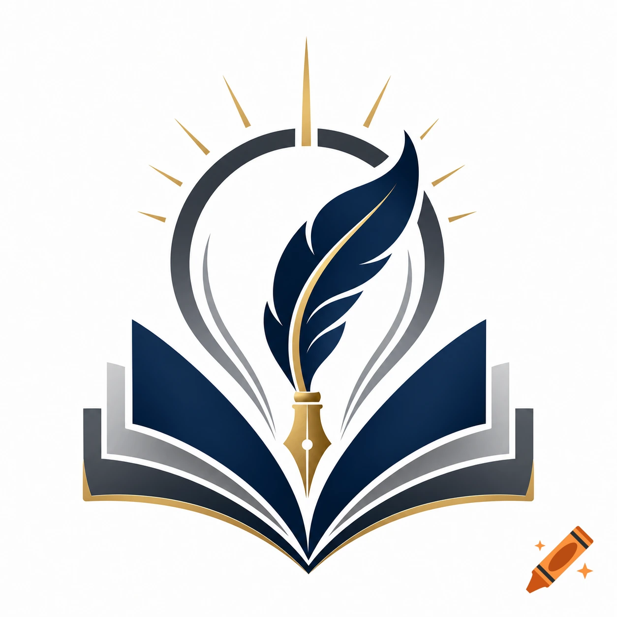 A stylized logo featuring an open book, a quill pen, and radiating golden lines.