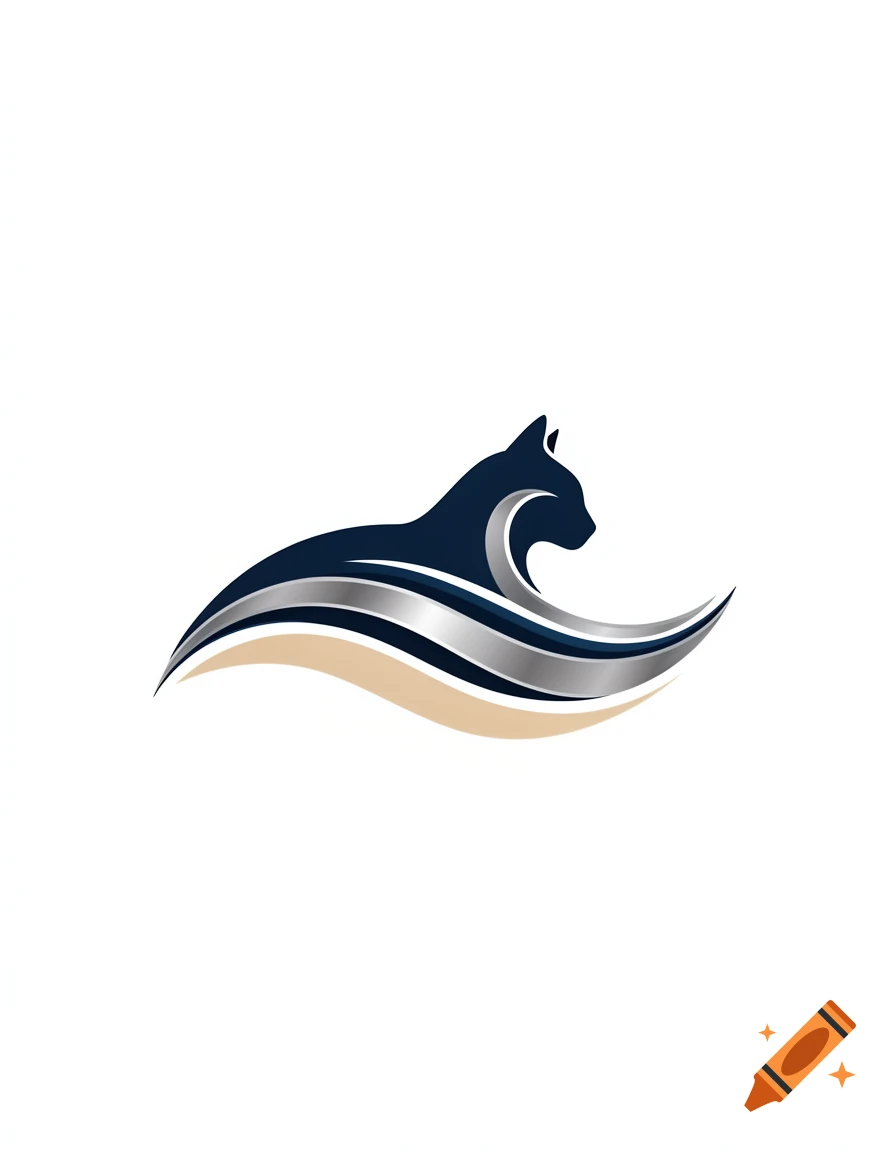 A sleek, stylized logo of a dark blue cat silhouette merging with silver and beige waves on a white background.
