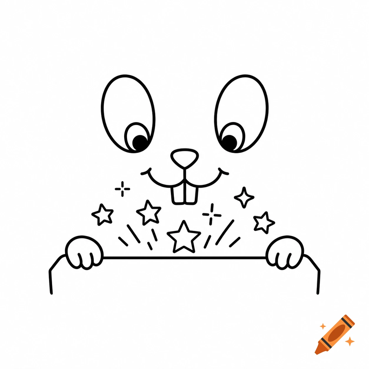 A minimalist black monoline drawing of a cute animal face with big eyes, a small nose, and two prominent front teeth, with paws holding a line, from which stars and sparkles emerge.
