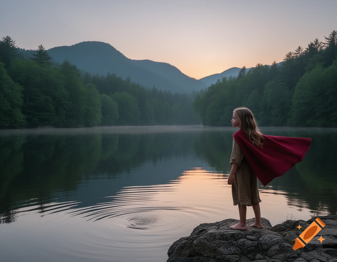 A young girl in a red cape stands on a rock next to a serene lake at dawn, surrounded by misty mountains and forests.