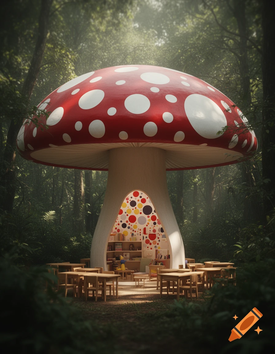 A huge red and white spotted mushroom house, styled like Yayoi Kusama art, functions as a colorful classroom in a forest.