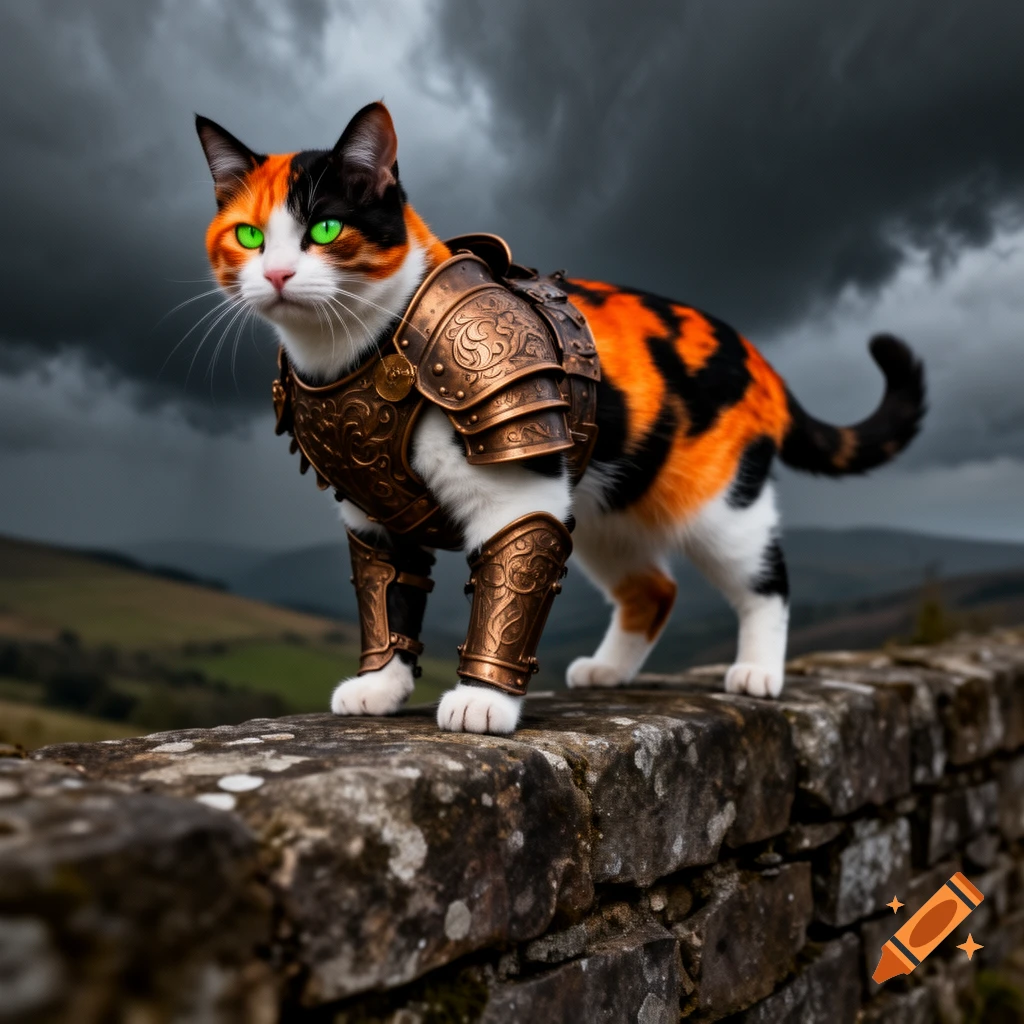 A photorealistic calico cat in ornate bronze armor stands on a stone wall under a dramatic cloudy sky.