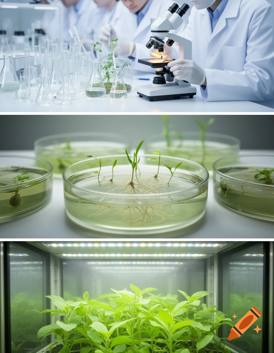 Three panels depicting plant tissue culture: scientists in lab, plant sprouts in petri dishes, and seedlings in a grow chamber.