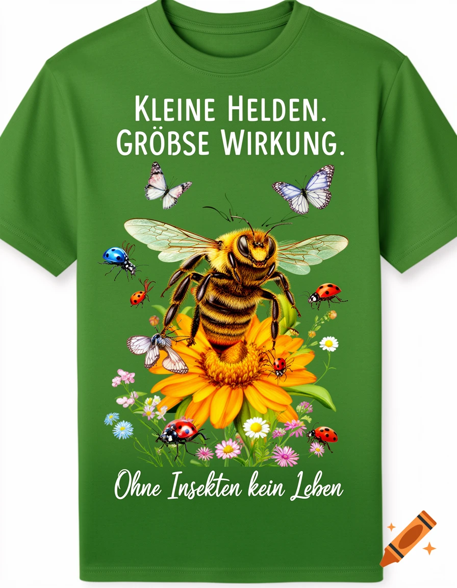 Green t-shirt with a bee on a flower, surrounded by butterflies, ladybugs, and wildflowers. German text: 'Kleine Helden. Große Wirkung.' and 'Ohne Insekten kein Leben.'
