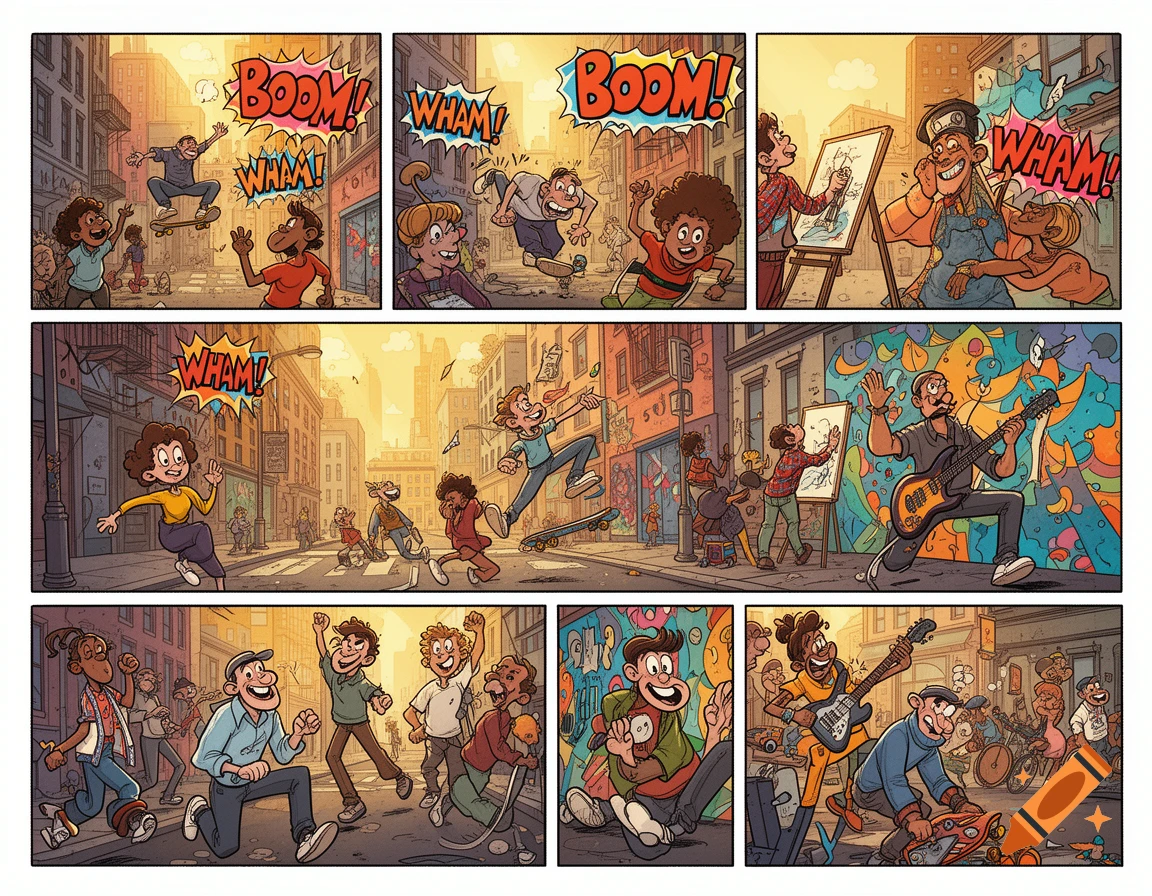 Vibrant comic strip of people skateboarding, playing music, and drawing in a bustling sunny city street.