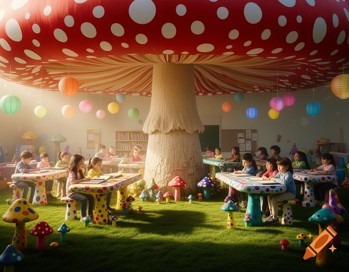 Children learn in a whimsical classroom under a giant red polka-dotted mushroom, sitting at colorful tables on a grassy floor with smaller mushrooms and lanterns.
