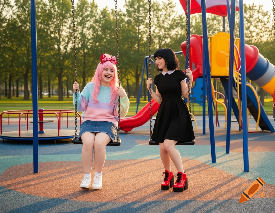 Two young women with pink and black hair smile while sitting on swings at a colorful playground.