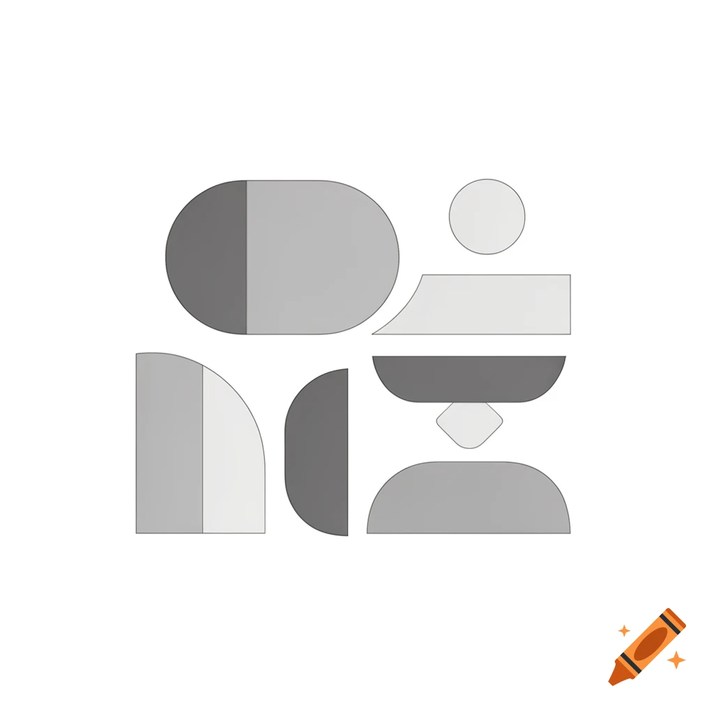 Abstract geometric shapes in shades of grey, arranged on a white background.