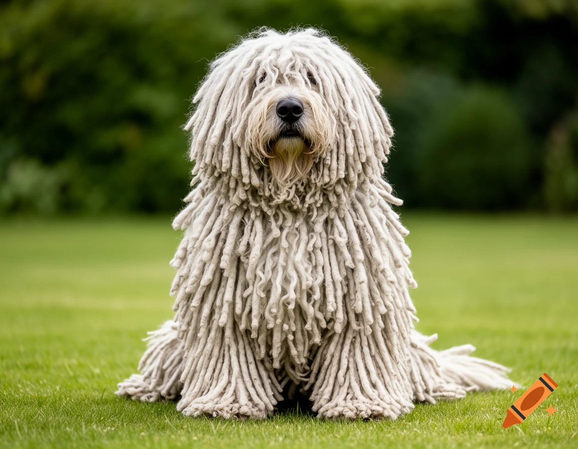 A photorealistic Komondor dog with long white dreadlocks sits on green grass with a blurred green background.