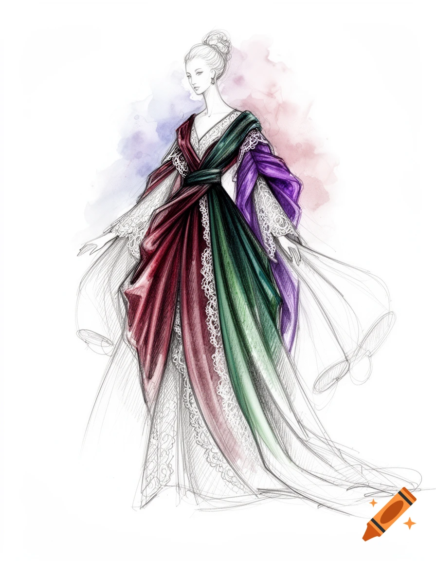 Fashion sketch of a woman in an elaborate multi-colored dress with lace details, on a white background with watercolor accents.