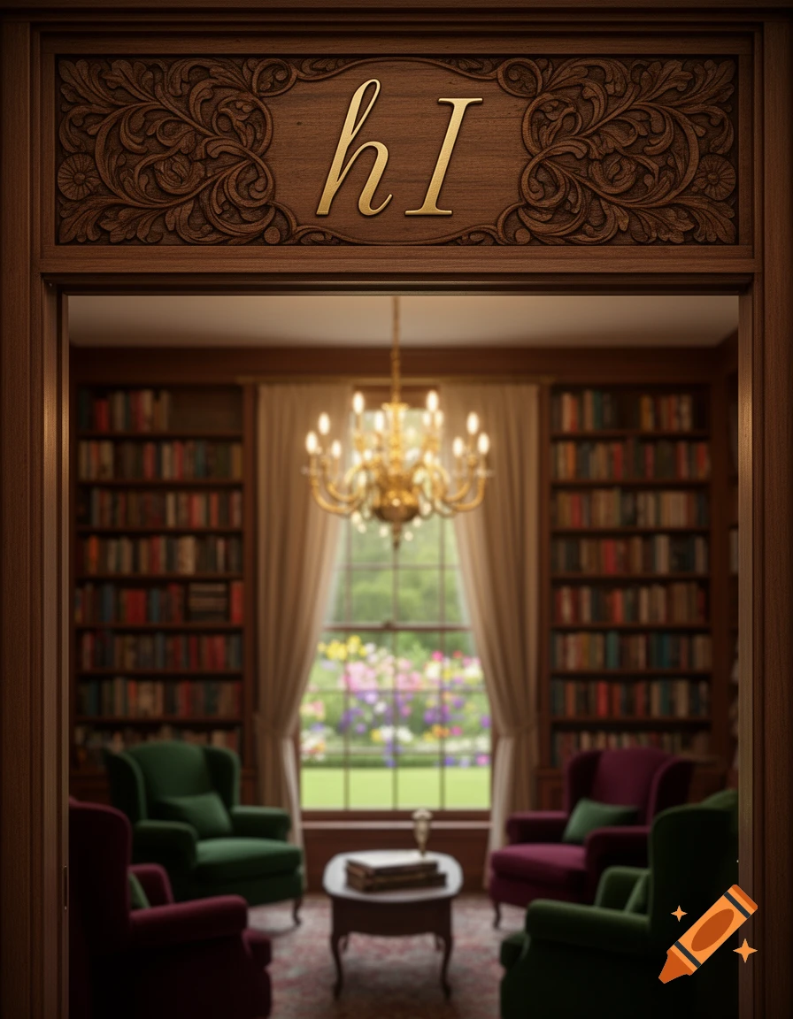 Ornate wooden doorway with 'h I' carved above, looking into a blurry, elegant library with bookshelves and armchairs.