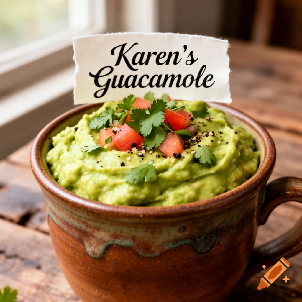 A rustic mug of green guacamole topped with tomatoes and cilantro, featuring a 'Karen's Guacamole' label.