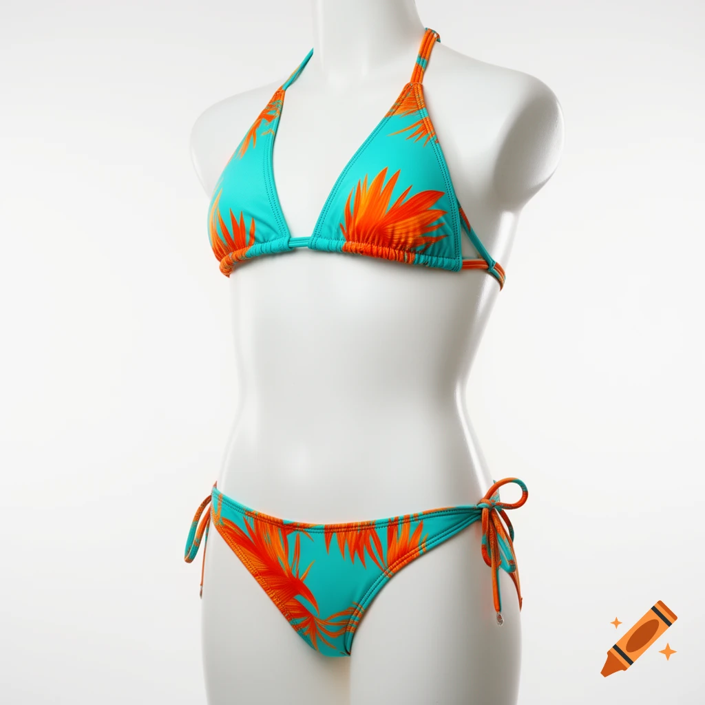 A turquoise bikini with orange tropical leaf patterns displayed on a white mannequin against a white background.