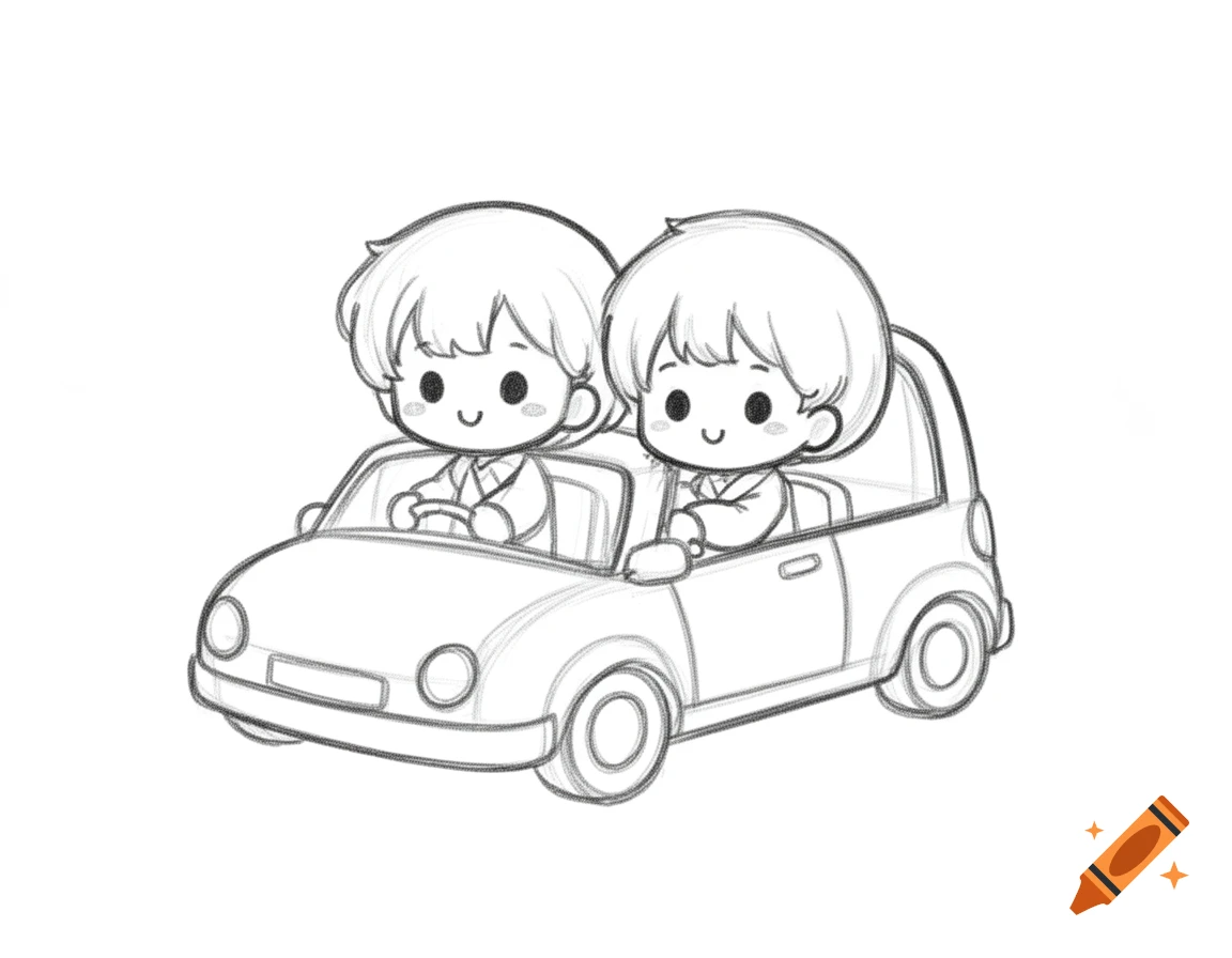 Black and white line art of two smiling chibi characters in a small car, like a simple drawing tutorial.