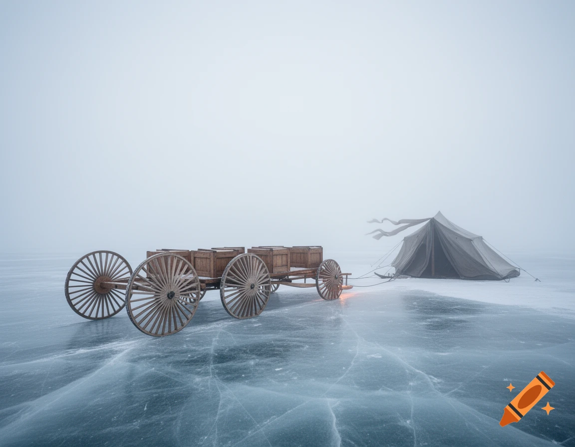 A wooden wagon with boxes and a tent are set up on cracked ice under a foggy, overcast sky.